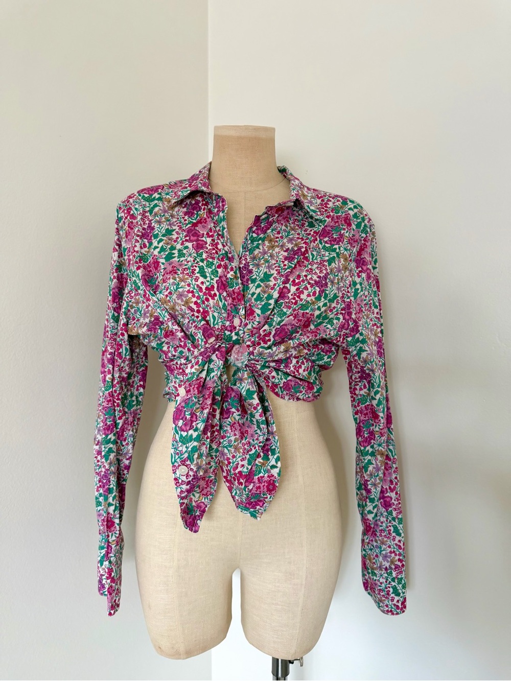 J. Crew Pink & Green Floral Tie-Front Button Down Shirt